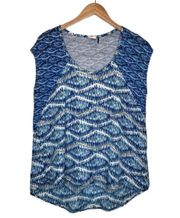 Anthropologie blue geometric cap sleeve top boho size med