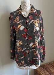 Vintage Necessary Objects Floral and Cosmetics Patterned Button-Down Top