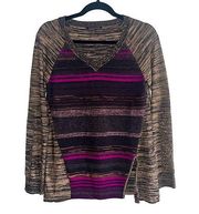 Elie Tahari Wool Purple Brown Spacedye V Neck Pullover Sweater