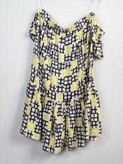 Milly Black White Yellow 100% Silk Off Shoulder Drop Waist Dress Medium USA Y2K