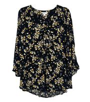 Market & Spruce Black Yellow Floral Gauzy Top Boho Long Balloon Sleeves Size 2X