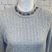 LAURA SCOTT Sweater Vintage Cable Knit Gray w Attached Silver Owl Necklace