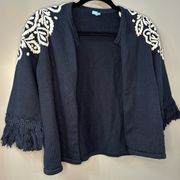 J. Mclaughlin Cardigan Navy Blue Knit Embroidered Cardigan Size Small