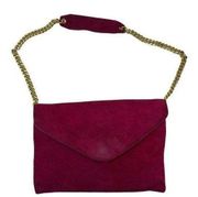 J. Crew Fuchsia Suede Leather Envelope Gold Tone Chain Clutch Handbag  Pockets