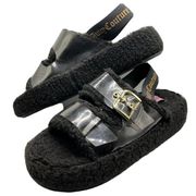 NWT Juicy Couture Platform Sandals "Griffin" Black Fleece Sherpa Fuzzy Size 8