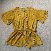 Sienna Sky Yellow Blue Hippie Floral V-neck Blouse Short Sleeve Size S