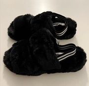 Size 6 black multi strap fluffy furry faux fur super soft slippers