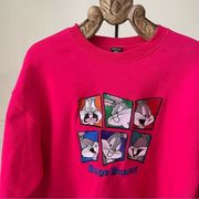 Vintage 90s Warner Bros Embroidered Bugs Bunny Pink Looney Tunes Sweatsh…