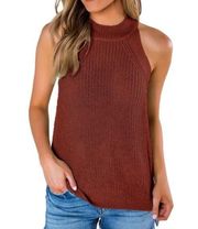 New Rust Orange Loose Knit Sleeveless Halter Neck Sweater Tank Top