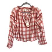 Free People  Honey Boho Plaid Peasant Top Blouse Orange Cream Ivory Size XS