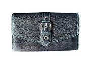 Wilsons Leather Womens Wallet Black Contrast Stitch Turquoise CC Slots Checkbook