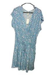 NWT Mia & Tess Dress XL Blue White Floral V-Neck Faux Wrap Elastic Waist Casual