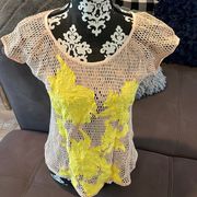 BUFFALO DAVID BITTON Beige See Through T-Shirt with Yellow Floral Design Size M