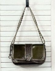 Brighton Embossed Patent Leather Chan Strap Shoulder Bag Purse Olive Brown