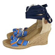 J.Crew Espadrilles Rope Wedge Laced Ankle Sandals Jute Open Toe Blue/orange Sz 8