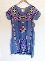 Lulalife Cotton Blue Colorful Embroidered Mini Short Sleeve Summer Dress