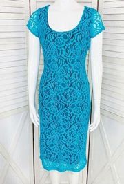 Eva Mendes New York & Co. Lace Sheath Bodycon Dress Teal Black 2 Cap Sleeve