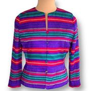 Vintage Adrianna Papell Jacket Collarless Blazer Silk Rainbow Stripe Long Sleeve