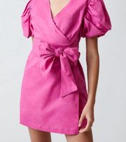 Pink Wrap Puff Sleeve Bow Dress 