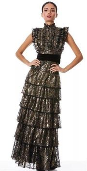 🆕 ALICE+OLIVIA Tahara Gold Metallic Ruffle Sleeve Tiered Maxi Dress Sz 0