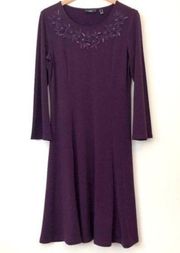 SUSAN GRAVER Artisan Liquid Knit Dress Purple Floral Beaded Embroidered Small