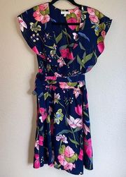 Size Small Floral Sleeveless V-Neck Knee Length Wrap Dress Blue Pink