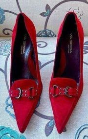 Pointed Pumps Heels 10M Dark Red Suede Leather Buckle ITALY