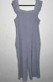 Monteau jumpsuit striped large navy blue white ruffle straps chic