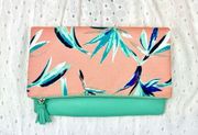 Reversible Clutch Mint/Coral Tropical Floral Print Fold Over Bag