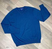 Pendleton V Neck Cotton Cashmere Pullover Sweater Blue Large