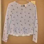 H&M Peplum Floral Stripe Long Sleeve Shirt Blue White Size 2