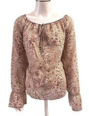 Apostrophe 100% Polyester Brown Hues Long Sleeve Bell Cut Cuffs Blouse Size 8