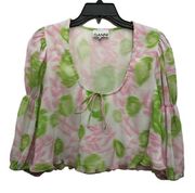 Ganni Floral Print Pleated Georgette Blouse Cropped Size 34 NWOT Romantic