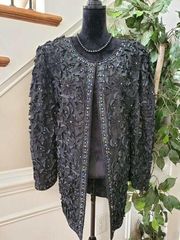 Vintage Laurence Kazar Black 100% Silk Long Sleeve Open Front Casual Jacket 1X