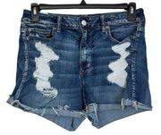 American Eagle SZ 12 Hi-Rise Shortie Jean Shorts Distressed Frayed Hems Stretch