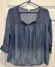 Cato Womens Blue Chambray Tencel 3/4 Gather Sleeve Blouse Top Shirt Size L Large