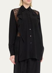 NWT Burberry London Veronica Silk Button-Front Blouse with Lace Detail Black 6