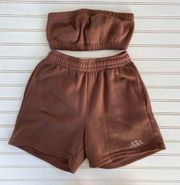 Pink Rose Brown Loungewear Tube Top & Shorts Set Size S
