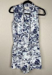 L'AGENCE Women's Behati Printed Silk Romper One Piece In White/Blue Size 2