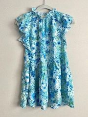 Entro Womens Blue Floral Tank Top Size Small High Neck Ruffle Sleeves Flowy