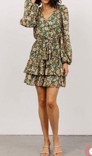 Baltic Born Shirley Ruffle Mini Dress green floral print long sleeve peasant XL