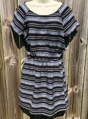 Lucky Brand Small Striped Dress Black Blue Mini Short Sleeve Boho Anthropologie