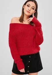 WISHFUL THINKING Red Chenille Eyelash Knit Chunky Off Shoulder Sweater - Sz S/M