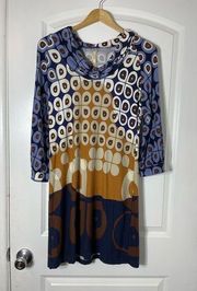 Uncle Frank Blue Geometric Abstract 3/4 Sleeve Cowl Neck Shift Dress Small