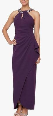 NWT SLNY Embellished Halter Neck Sleeveless Ruched Side Cascade Ruffle Gown 6