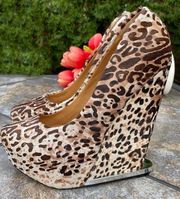 L.A.M.B Dorothee Leopard Print Calf Hair Platform Wedge Heels 7.5