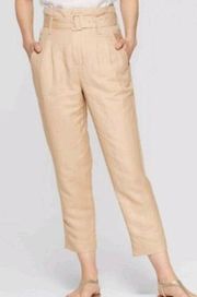 High Waisted Paper Bag belted Linen blend pleated front womens pants