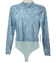 New  Bodysuit Light Blue Floral Semi Sheer