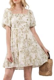 Blu Pepper Cream Floral Puff Sleeve Fit & Flare Mini Dress Sz S