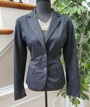 7th Avenue Women Solid Black Cotton Long Sleeve Fitted Two Buttons Blazer Size 8